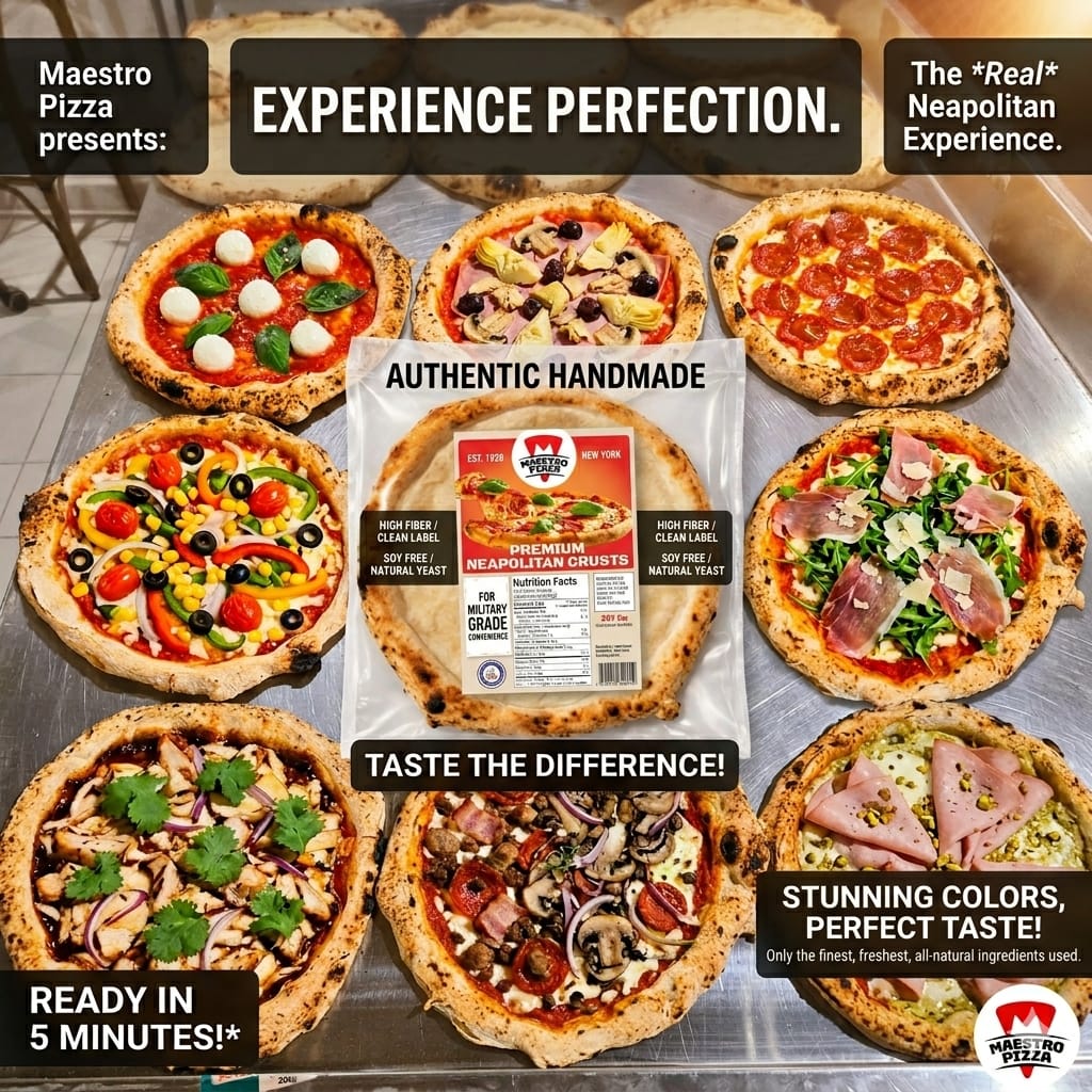 A spread of finished pizzas baked on Maestro crust